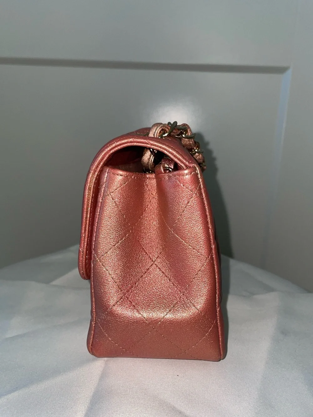 CHANEL Quilted Mini Flap Bag in Metallic Rose